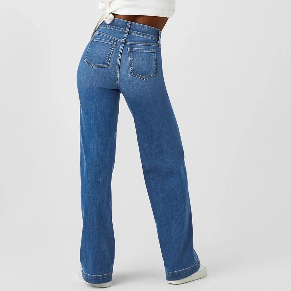 NEW $168 SPANX SMALL Seamed Front Wide Leg Denim Vintage Indigo Pull-on Jeans 32 - Picture 4 of 9